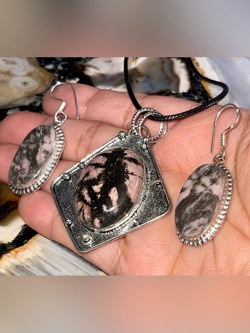 Light Color Red & Black Rhodonite Crystal Pendant & Earrings Set